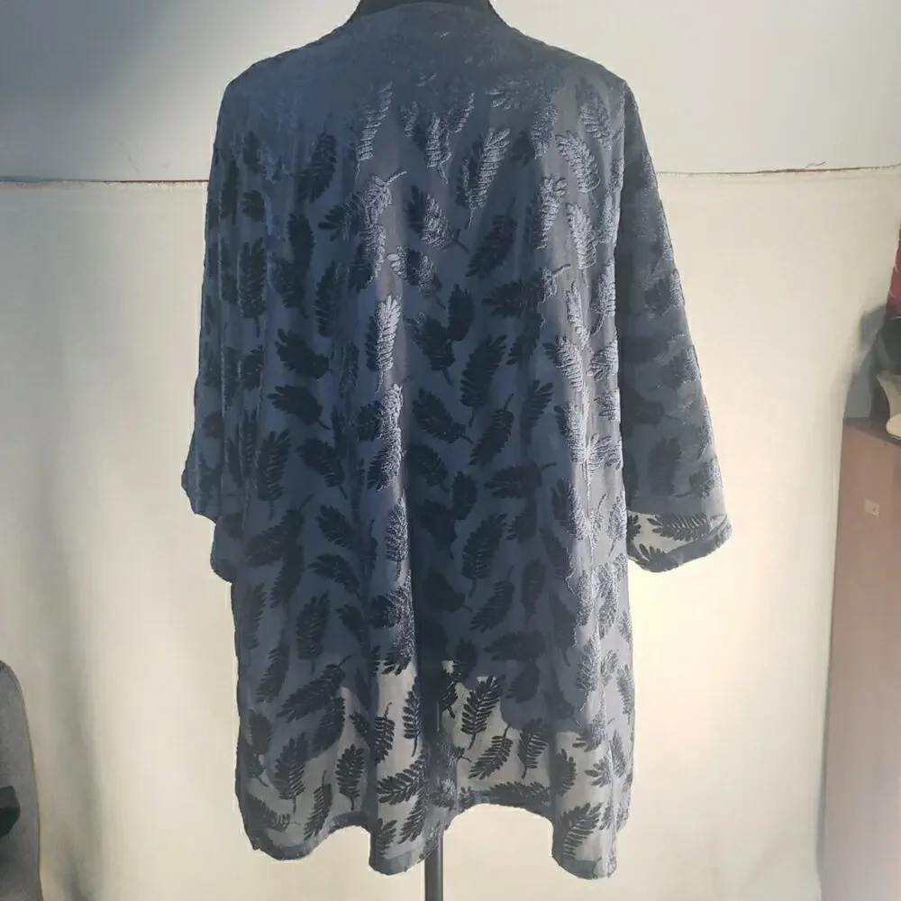 Lg Burnout Velvet Kimono Duster Swim Coverup Blue Women's Oversized Boho